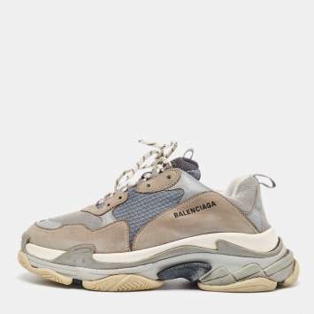 Pre Owned Balenciaga Grey/Blue Leather and Mesh Triple S Sneakers Size 45