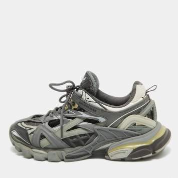 Pre Owned Balenciaga Grey Faux Leather Mesh Track Lace Up Sneakers Size 41