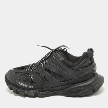Pre Owned Balenciaga Black Faux Leather and Mesh Track Lace Up Sneakers Size 42