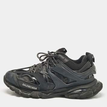 Pre Owned Balenciaga Black Faux Leather and Mesh Track Lace Up Sneakers Size 45