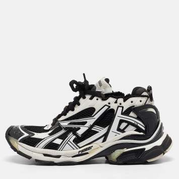 Pre Owned Balenciaga Black/White Faux Leather and Mesh Runner Sneakers Size 41