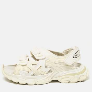 Pre Owned Balenciaga Cream Faux Leather Track Flat Sandals Size 41