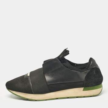 Pre Owned Balenciaga Black Leather Mesh Race Runner Lace Up Sneakers Size 44