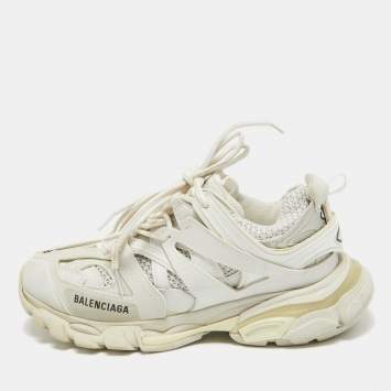 Pre Owned Balenciaga Cream Faux Leather and Mesh Track Lace Up Sneakers Size 38