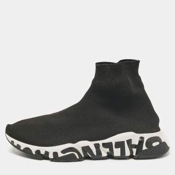 Pre Owned Balenciaga Black Knit Fabric Graffiti Speed Trainer Sneakers Size 42