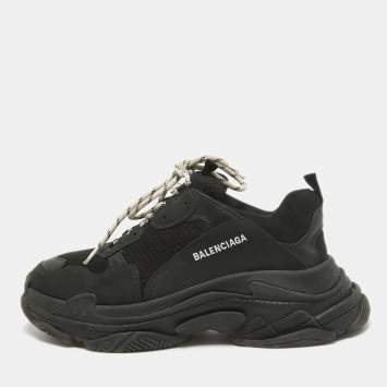 Pre Owned Balenciaga Black Leather and Mesh Triple S Sneakers Size 44