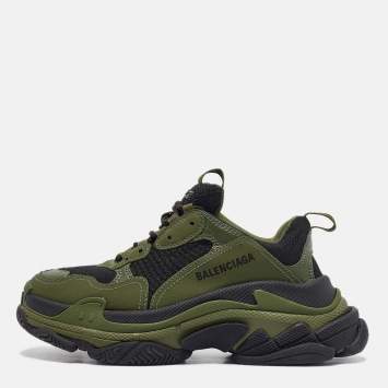 Pre Owned Balenciaga Green/Black Leather and Mesh Triple S Sneakers Size 39
