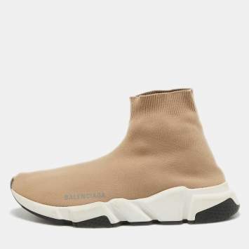 Pre Owned Balenciaga Beige Knit Fabric Speed Trainer High Top Sneakers Size 40