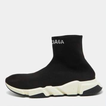 Pre Owned Balenciaga Black Knit Fabric Speed Trainer Slip on High Top Sneakers Size 47