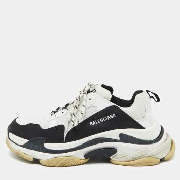 Pre Owned Balenciaga White/Black Mesh and Faux Leather Triple S Sneakers Size 44