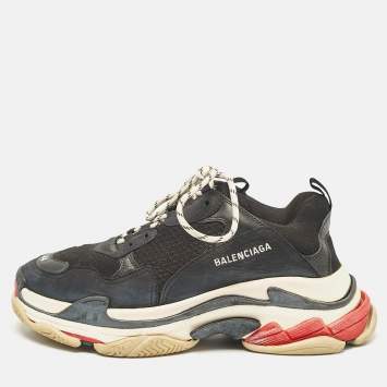 Pre Owned Balenciaga Black Leather and Mesh Triple S Sneakers Size 44