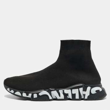 Pre Owned Balenciaga Black Knit Fabric Graffiti Speed Trainer Sneakers Size 42