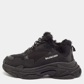 Pre Owned Balenciaga Black Fur and Mesh Triple S Lace Up Sneakers Size 42