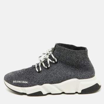 Pre Owned Balenciaga Grey/Black Knit Fabric Speed Trainer High Top Sneakers Size 44