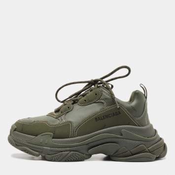 Pre Owned Balenciaga Green Faux Leather Triple S Lace Up Sneakers Size 41