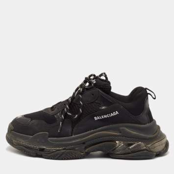 Pre Owned Balenciaga Black Faux Leather and Mesh Triple S Low Top Sneakers Size 45