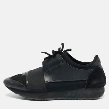 Pre Owned Balenciaga Black Leather and Suede Race Runner Low Top Sneakers Size 40