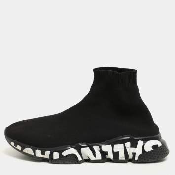 Pre Owned Balenciaga Black Knit Fabric Graffiti Speed Trainer Sneakers Size 41