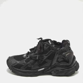 Pre Owned Balenciaga Black Mesh and Faux Leather Runner Sneakers Size 39