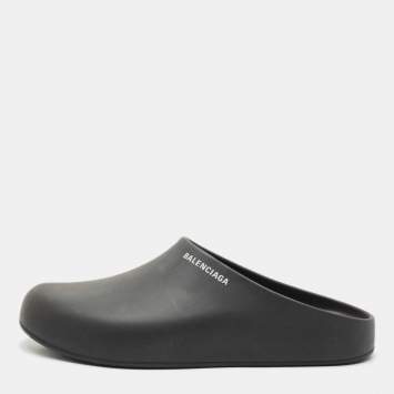 Balenciaga Black Rubber Flat Pool Mules Size 44