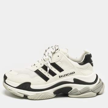Balenciaga x Adidas White/Black Faux Leather and Mesh Triple S Sneakers Size 41