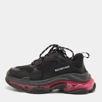 Balenciaga Black Faux Leather and Mesh Triple S Clear Sole Sneakers Size 41