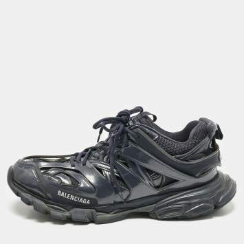 Pre Owned Balenciaga Navy Blue Faux Leather and Mesh Track Sneakers Size 46