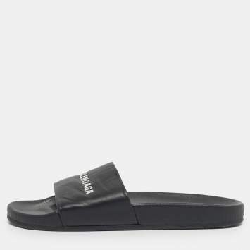 Pre Owned Balenciaga Black Leather pool Slide Size 45