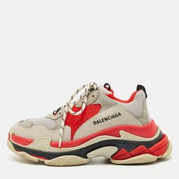 Pre Owned Balenciaga Grey/Red Leather and Mesh Triple S Sneakers Size 39