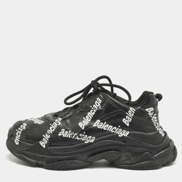 Pre Owned Balenciaga Black Faux Leather Allover Logo Triple S Sneakers Size 43