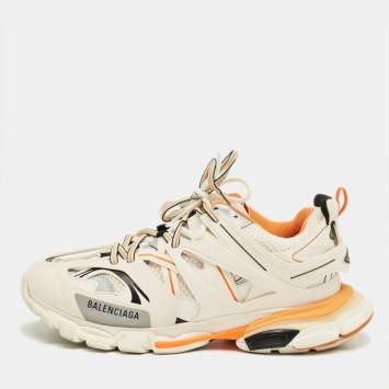 Pre Owned Balenciaga White/Orange Mesh and Faux Leather Track Sneakers Size 43