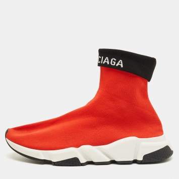 Pre Owned حذاء رياضي بالنسياجا سبيد نسيج محبوك أحمر/أسود بأسورة مقاس 43