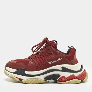 Pre Owned Balenciaga Triple S Size 41 Burgundy Mesh and Nubuck Leather Lace Up Sneakers