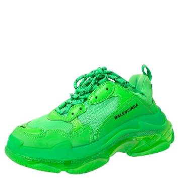 Pre Owned Balenciaga Neon Green Mesh And Leather Triple S Platform Sneakers Size 41