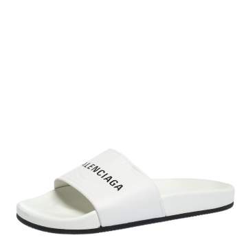 Pre Owned Balenciaga White Leather Logo Slide Sandals Size 41