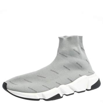 مملوكة مسبقًا Balenciaga Grey Logo Print Knit Speed Trainer Sneakers Size 41