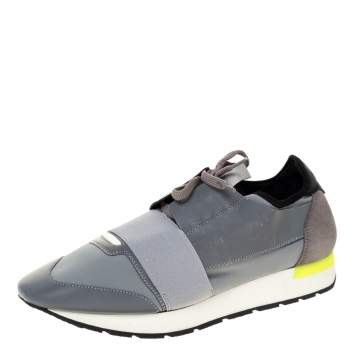 Pre Owned Balenciaga Grey/Silver Leather, Neoprene And Suede Race Runner Sneakers Size 42