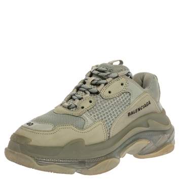 مملوكة مسبقًا Balenciaga Grey/Green Leather And Mesh Triple S Trainer Sneakers Size 40
