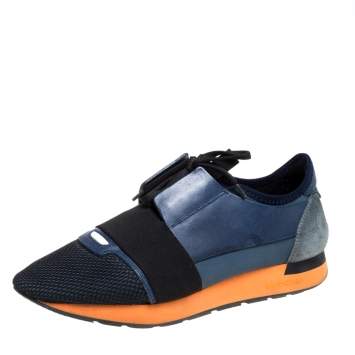 Pre Owned Balenciaga Blue/Black Leather And Mesh Race Runners Sneakers Size 42