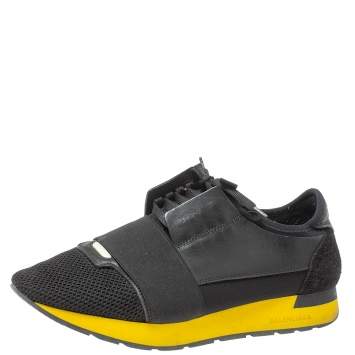 Pre Owned Balenciaga Black Leather And Mesh Race Runners Sneakers Size 41