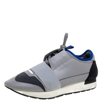 Pre Owned Balenciaga Grey Mesh And Leather Race Runner Low Top Sneakers Size 40
