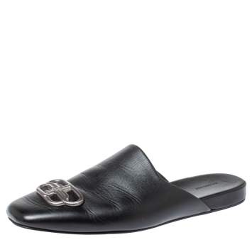 Pre Owned Balenciaga Black Leather Cosy BB Slippers Size 41 