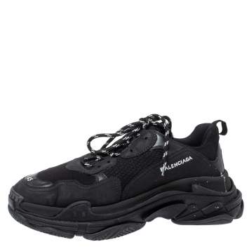 Pre Owned Balenciaga Black Leather and Mesh Triple S Trainer Sneakers Size 45