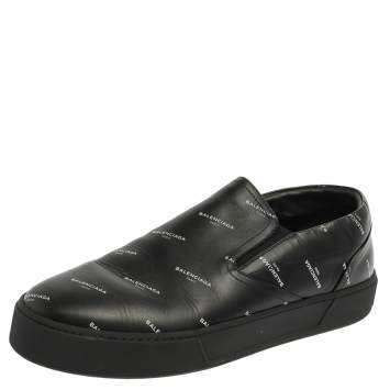 Pre Owned Balenciaga Black Logo Print Leather Slip On Sneakers Size 45