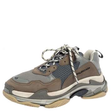 Pre Owned Balenciaga Grey/Blue Leather And Mesh Triple S Sneakers Size 45
