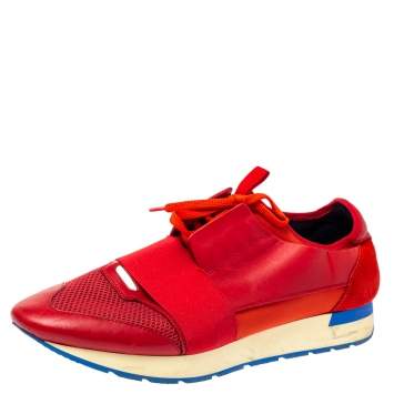 Pre Owned Balenciaga Red Mesh, Leather And Suede Race Runners Low Top Sneakers Size 45
