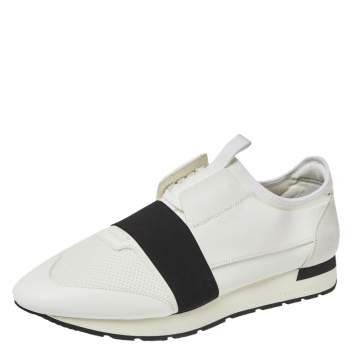 Pre Owned Balenciaga White Mesh And Leather Race Runner Low Top Sneakers Size 46