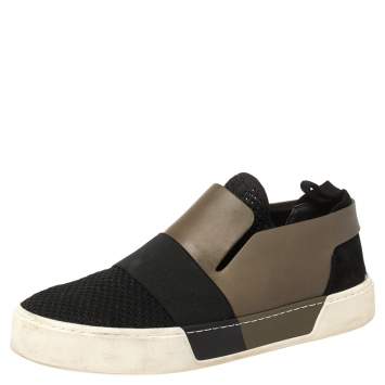مملوكة مسبقًا Balenciaga Black/Khaki Leather/Suede, and Knit Fabric Slip On Sneakers Size 43