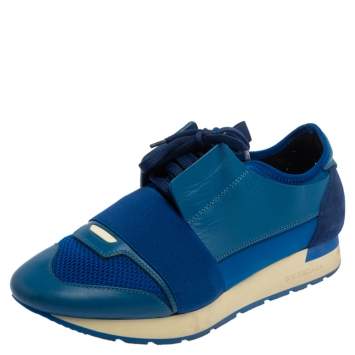 Pre Owned Balenciaga Blue Mesh And Leather Race Runner Low Top Sneakers Size 40