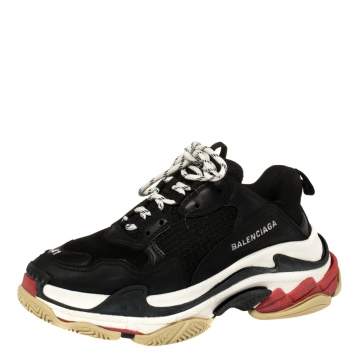 Pre Owned Balenciaga Black Mesh And Leather Triple S Low Top Sneakers Size 41